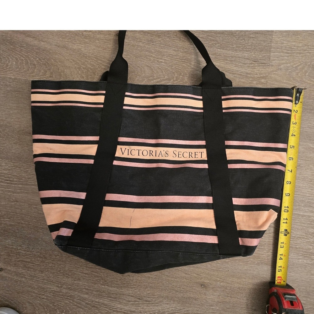 Victoria's Secret Striped Tote Bag Black Pink‎ Canvas Beach Travel